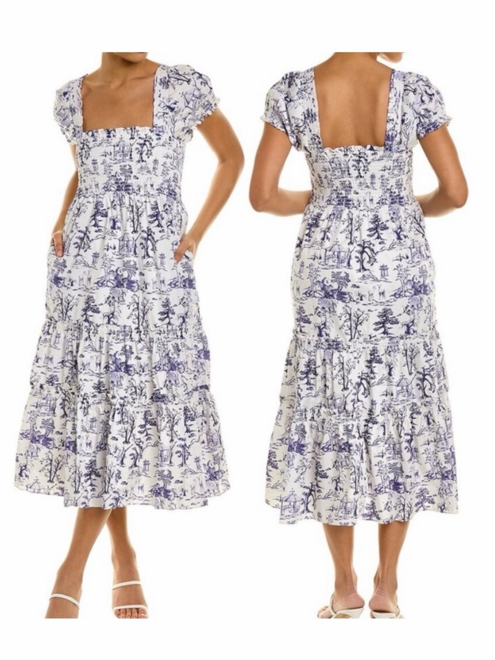 Anthropologie White Dress with Blue Toile Print Midi